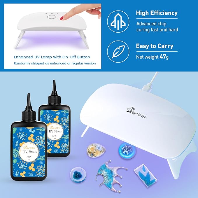 Bsrezn 200g UV Resin Kit with Light, Crystal Clear Solar Activated UV Epoxy Resin for Jewelry Making (100g x 2)