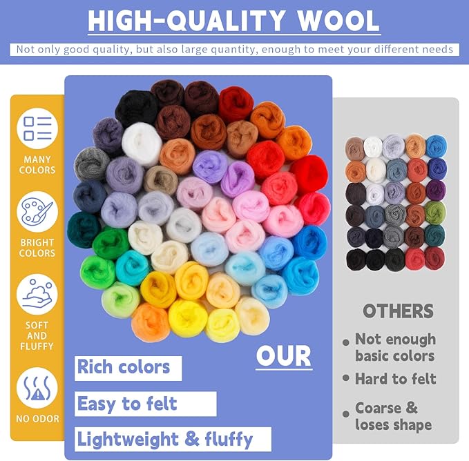 IMZAY 50 Colors 5.4 Oz Needle Felting Wool, 3g/Pack Wool Roving Yarn for Beginners, Fiber Wool Roving for DIY Hand Spinning, Felting Crafts, Needle Felt Roving DIY Craft, Black/White 5g Each
