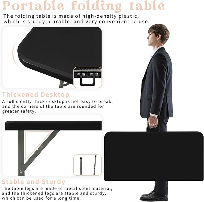 Set of 2 Square Folding Table 34in Multi-Functional Portable Folding Card Table with Carrying Handle for Indoor Outdoor Camping,Picnic, Office, Party Use HDPE Plastic Tabletop with Metal Frame(Black)