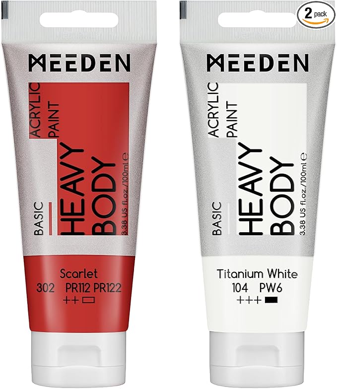 MEEDEN Acrylic Paint Scarlet Red: Bundled with Titanium White Color - 100ml/3.38oz x 2 Bulk Heavy Body Acrylic Paint Tubes for Art Craft Painting