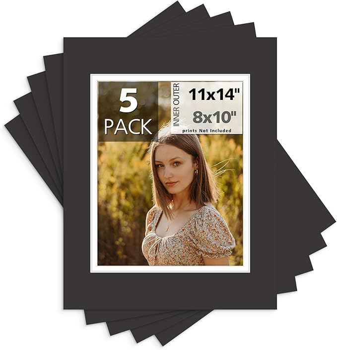 Mat Board Center, Double Mat - Acid Free, 8-ply Thickness, White Core - for Pictures, Photos, Framing (Black Over White, 11x14 for 8x10, Pack of 5)