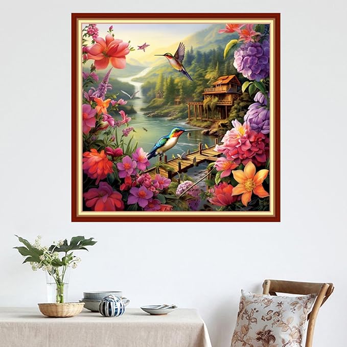 DMCVIVR Stamped Cross Stitch Kits for Adults Beginners Embroidery Kits 11CT Needlepoint Kits Cross Stitch Patterns Embroidery Patterns&Lake Hummingbird 18x18 inch