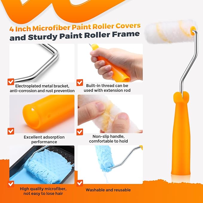 Leumoi 160 Pcs 4 Inch Paint Roller Covers with 2 Holder Microfiber Mini Small Paint Roller Kit for Painting Walls House Home