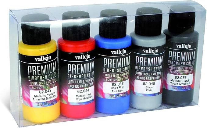 Vallejo - Premium Color Set Metallic Colors | Water-Based Multi-Surface Pigments | Different Metal Color Finishes | Acrylic Professional Airbrushing Kit | 5 Bottles x 60 ml. (2.02 fl.oz.)
