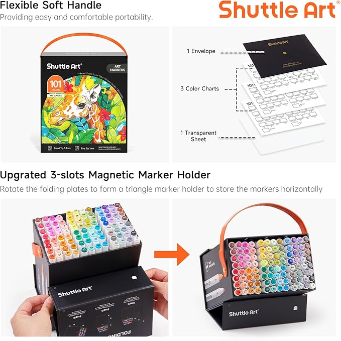 Shuttle Art 101 Colors Alcohol Markers, 100 Colors Dual Tip Art Marker Set Plus 1 Colorless Blender with Marker Case Perfect for Illustration Students Adult Coloring Sketching
