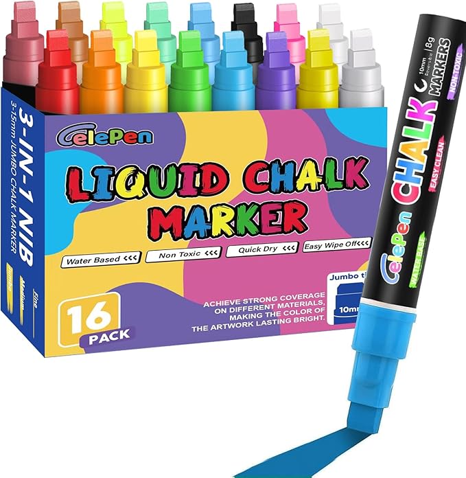 Window Chalk Markers for Cars Glass Washable, 16 Colors Jumbo Liquid Chalk Marker Pens with 10mm 3 in 1 Nib Wide Tips, Big Chalkboard Markers Car Window Paint Pens for Auto, Bistro, Mirror, Poster