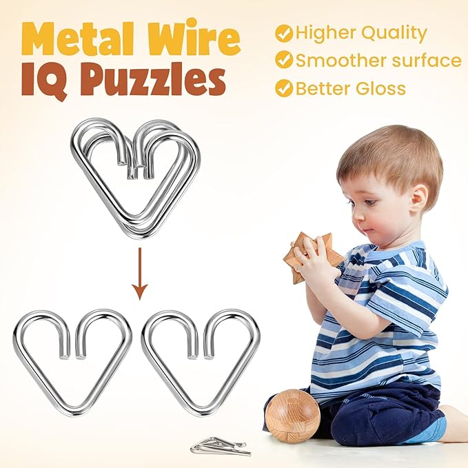 34 Pcs Metal Brain Teaser Puzzles for Kids Adult 3D Wooden Mind Games Puzzle Cube Wooden Brain Games Block Metal Wire Unlock Interlock Game Educational Logic Mind Desktop Toys