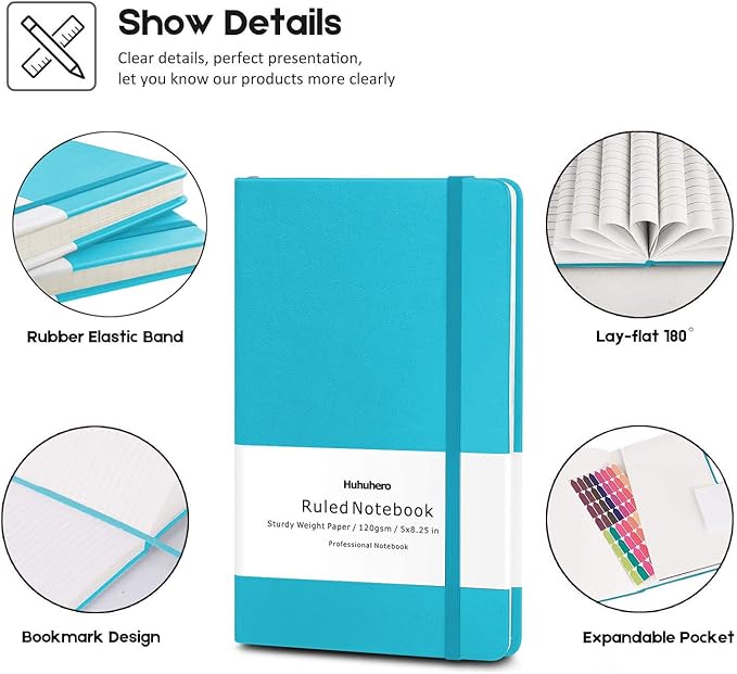 Huhuhero Notebooks Journal, Ruled Notebook, Premium Thick Paper Lined Journal, Black Hardcover Notebook for Office Home School Business Writing Note Taking Journaling, 5"×8.25" (5, Teal)