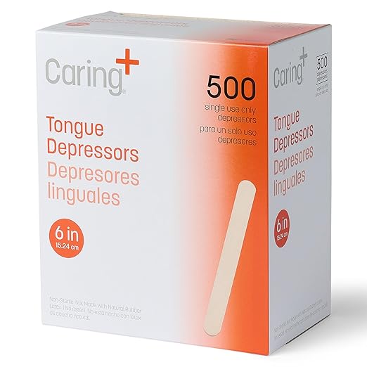 Caring Wood Tongue Depressors, Standard 6 Inch Length, Non-Sterile, High-Quality Wood, Unflavored, Splinter-Free, Versatile for Medical, Beauty, Arts, Crafts, and More - 500 Count Box
