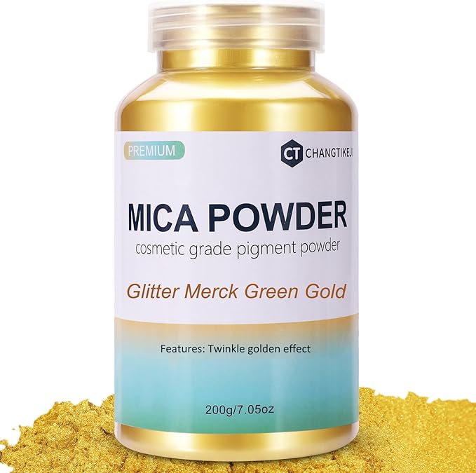 Mica Powder,7.05OZ（200g）,Glitter Merck Green Gold Mica Powder Pigment for Epoxy Resin，Lip Gloss，Car Paint，Dye，Soap Making，Nail Polish,Epoxy Resin,Candle Making,Bath Bombs