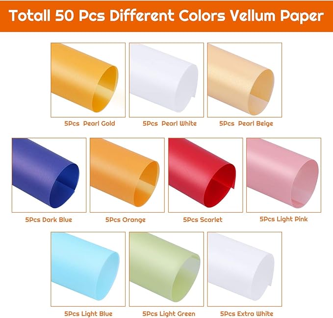 Shynek Colored Vellum Paper, 50 Sheets, 10 Colors, 8.5 x 11, Transparent, Printable, Clear Vellum Sheets for Ink Jet & Laser Printer