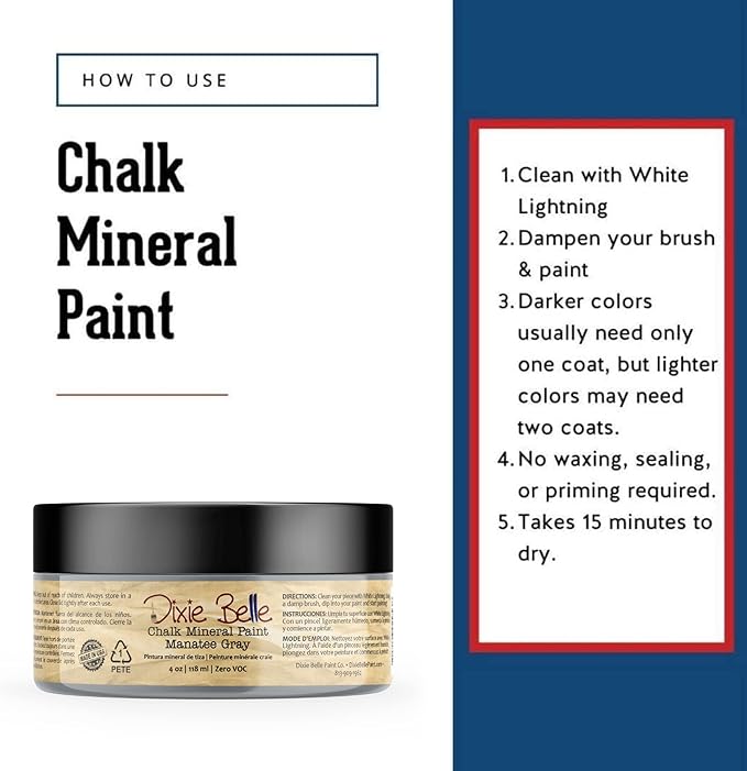 Dixie Belle Paint Company Chalk Finish Furniture Paint - Manatee Gray (4oz) - Matte Light Gray Chic Chalk Mineral DIY Furniture Paint