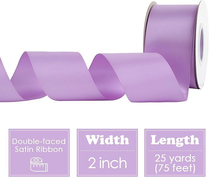 HUIHUANG Lilac Satin Ribbon 2 inch Wide Double Faced Satin Ribbon Lilac Purple Ribbon for Gift Wrapping, Bows Making, Flower Bouquet, DIY Crafts, Bridal Shower, Holiday Party Decor-25 Yards/Roll