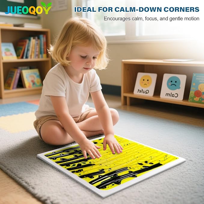 Liquid Sensory Floor Tile for Kids Ages 3+, 12" Textured Step-On Tile with Non-Slip Base, Interactive Color-Flow, Yellow-Black, for Calm Corners (1-Pack)