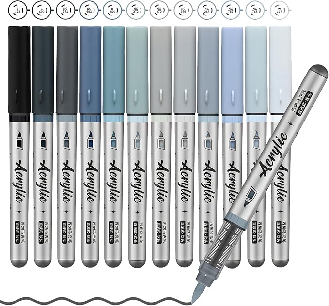 Grey Acrylic Paint Pens,12 Color Paint Pens Markers,Brush Tip Paint Pens for Rock Painting Wood Glass Ceramic Canvas Stone DIY Crafts Making Art Supplies