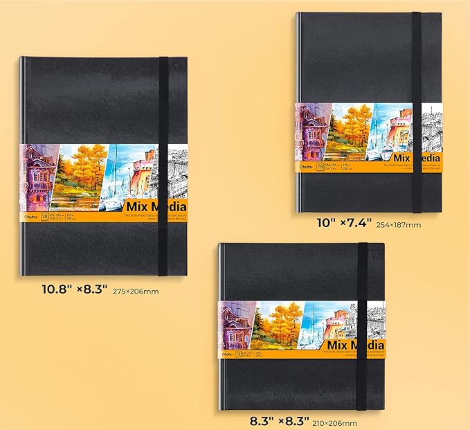 Ohuhu Mix Media Pad - 10"x7.4" Mixed Media Art Sketchbook, 120 lb/200 gsm Heavyweight Papers, 78 Sheets/156 Pages, PU Hardcover Mixed Media Paper Pad for Acrylic Painting Christmas Gift