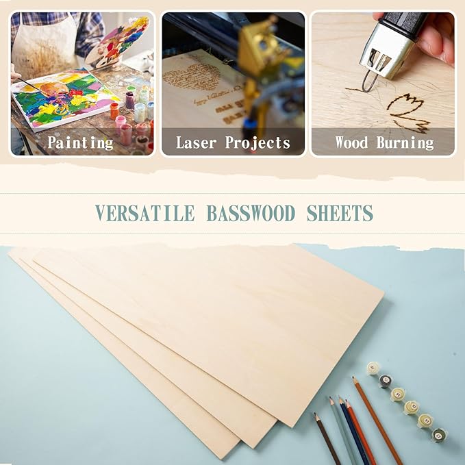 12 Pack 12 x 24 x 1/4 Inch-6mm Thick Basswood Sheets for Crafts Unfinished Plywood Sheets Rectangular Wood Panel Boards for DIY Laser Project, Wood Burning, Engraving, Architectural Models, Staining