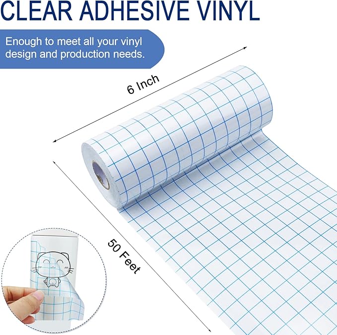 Clear Transfer Tape for Vinyl - 6" x 50 FT with Blue Alignment Grid Medium Tack for Adhesive Vinyl, Application Transfer Contact Paper Tape Roll for Silhouette Cameo Decals Stickers Window Signs