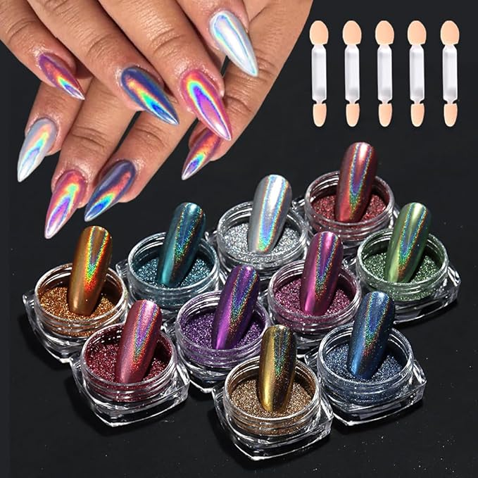 10 Colors Holographic Nail Powder, Holo Aurora Iridescent Metallic Mirror Laser Effect Chrome Pigment Glitter Dust for Salon Home Nail Art DIY Decorations