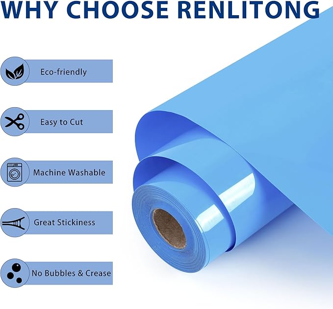 RENLITONG Sky Blue Iron on Vinyl 12Inch by 50ft Roll HTV Heat Transfer Vinyl for T-Shirt HTV Rolls for All Cutter Machine - Easy to Cut & Weed for Heat Transfer Design