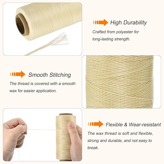 MECCANIXITY Waxed Thread,284 Yard 0.8mm 150D Flat Wax Thread Polyester Waxed String for Leather Sewing Hand Weaving Book Binding Home Decoration,Beige