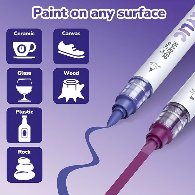 Guangna 12 Purple Dual Tip Acrylic Paint Markers, Brush Tip & Chisel Tip Acrylic Paint Pens for Rock, Wood, Glass, Paper, Coloring Book, Ceramic, Canvas, Water-Based Ink