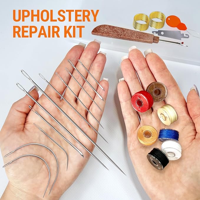 VONEEDL Heavy Duty Sewing Needles (11 PCS) & Waxed Thread (7 Colors) - Upholstery Repair Kit for Leather, Canvas, Quilting & More