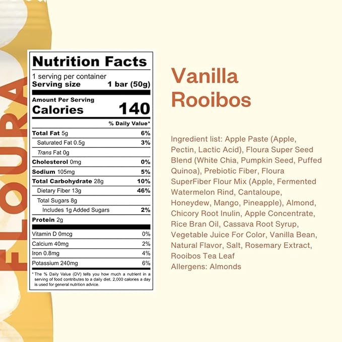 Floura Vanilla Rooibos Fruit-Forward Fiber Bars– High Fiber, Vegan, Gluten & Dairy Free, Low Calorie Healthy Snack Bars with Upcycled Produce for Gut Health [10 Pack]