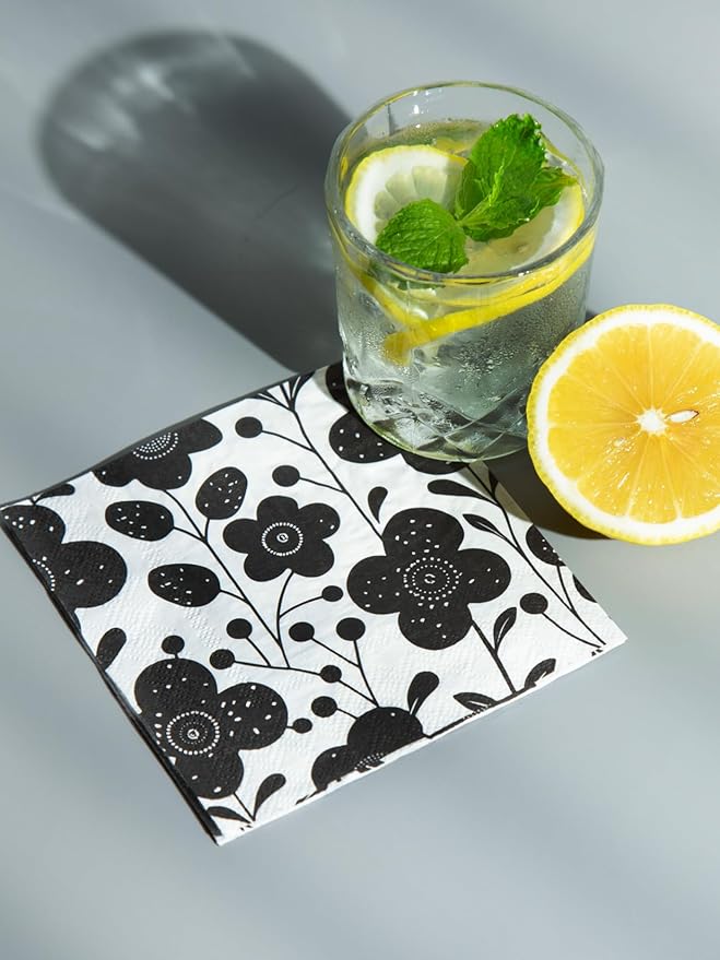 80 pack Designer Cocktail Beverage Napkins, 3-Ply 5x5-inches Disposable Decorative Fall Winter Guest Floral Black White Flower Napkin for Wedding Birthday Anniversary Party Baby Shower