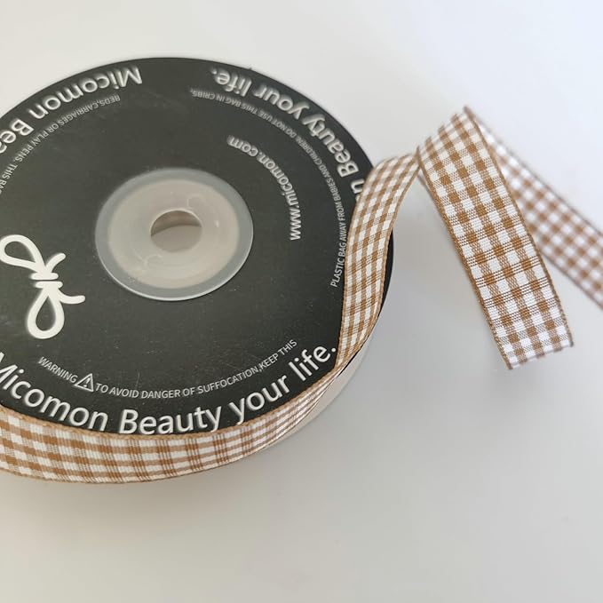 Micomon Khaki and White Woven Edge Plaid Ribbon 100% Polyester Gingham Ribbon 25 Yards Each Roll (5/8"Khaki)