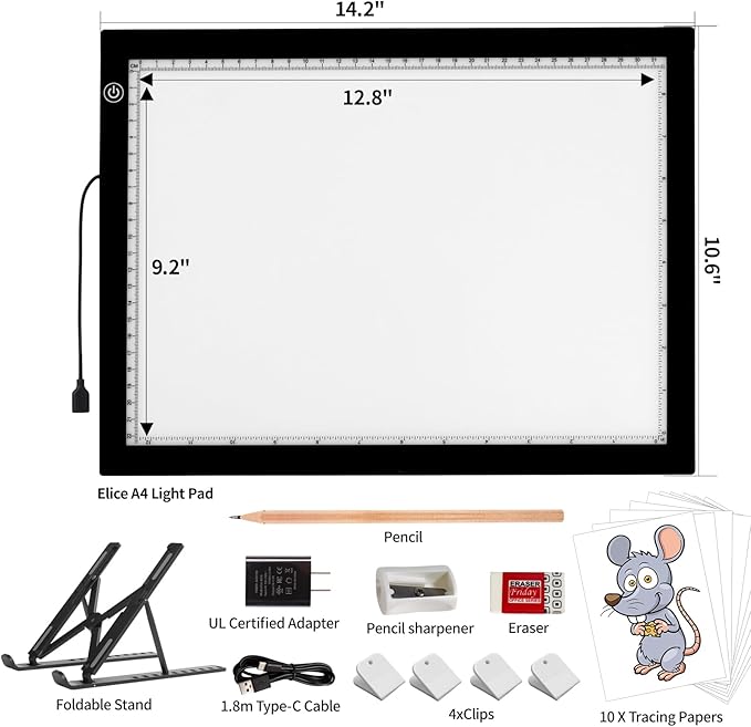 A4 LED Light Box for Tracing, elice Artist Drawing Lightbox Light Table Light Pad Light Copy Board, Up to 8000 Lux Super Bright Lightpad for Cricut Weeding Vinyl, Diamond Painting, Sketching (Black)