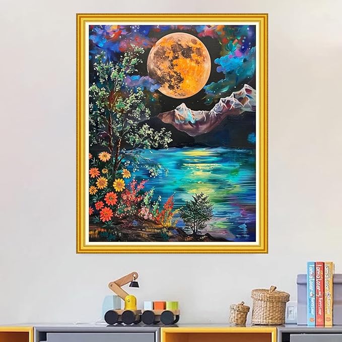 Magxvouy Cross Stitch Kits Stamped Full Range of Embroidery Kits,Cross Stitch Patterns Needlework Kits for Beginners 11CT Printed Kits&Moon Night Scene 16x20 inch