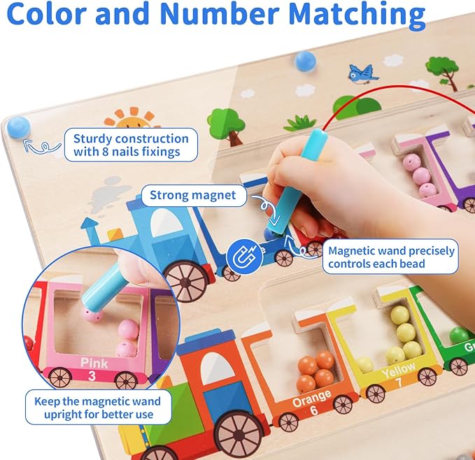 Magnetic Color and Number Maze, Montessori Toys for 2 3Year Old, Wooden Toddler Magnet Puzzles for Kids Girls Boys 2-4 3-5, Magnetic Board Train Learning Toys Birthday Gifts