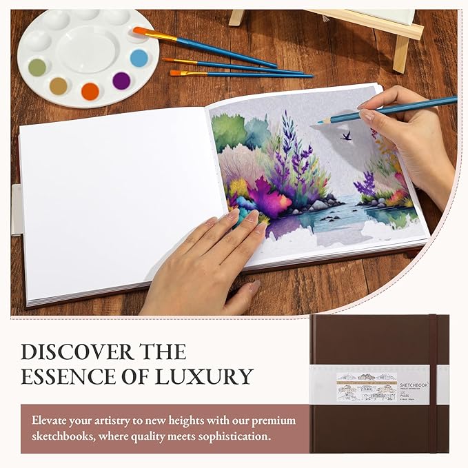 Moinchore Back to School Gifts Square Sketchbook 8 x 8 Inch Hardcover Art Sketch Book Drawing Papers 120 Pages, Mixed Media Journal Notebook with Elastic Closure Sketchbook for Drawing(Brown)
