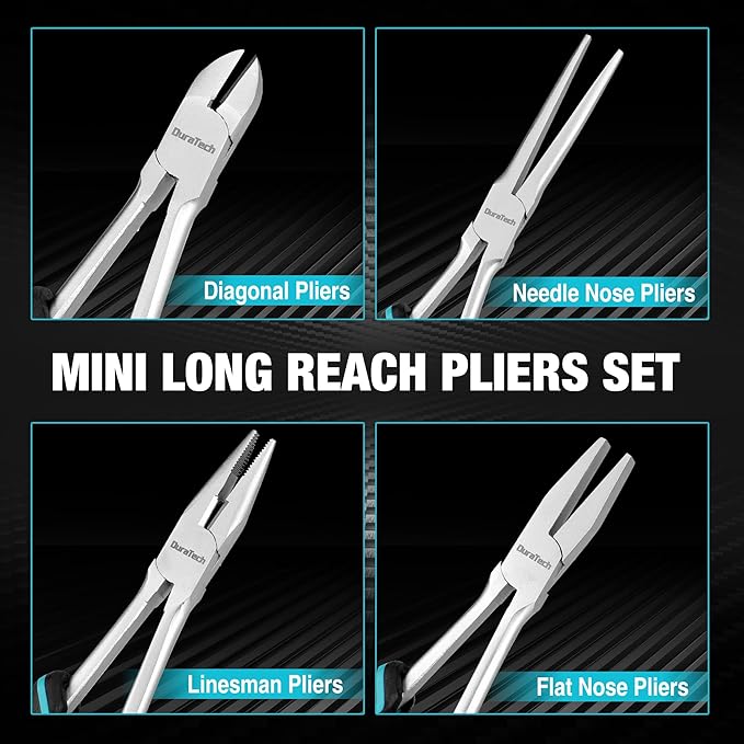 DURATECH 4PCS Long Reach Pliers Set with Pouch - Needle Nose, Diagonal, Linesman and Flat Nose, Mini Extra Long Pliers Set for Jewelry Making, Wire Bending and Object Gripping on Narrow Space