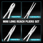 DURATECH 4PCS Long Reach Pliers Set with Pouch - Needle Nose, Diagonal, Linesman and Flat Nose, Mini Extra Long Pliers Set for Jewelry Making, Wire Bending and Object Gripping on Narrow Space