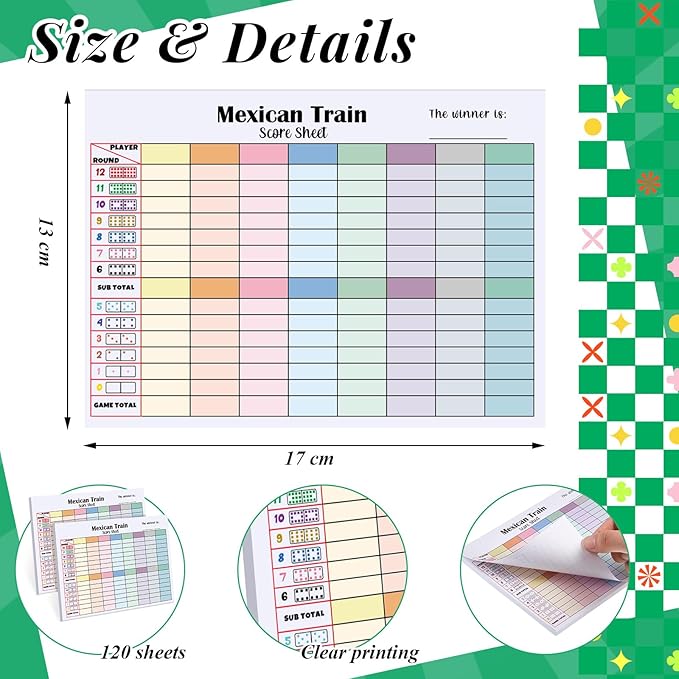 1 Pack 60 Sheets Mexican Train Score Pads Colorful Chicken Foot Dominoes Game Scorepad Adult Mexican Train Score Sheet Scoreboard Paper Record Clearly for Family Game (6.7 x 5 Inches)