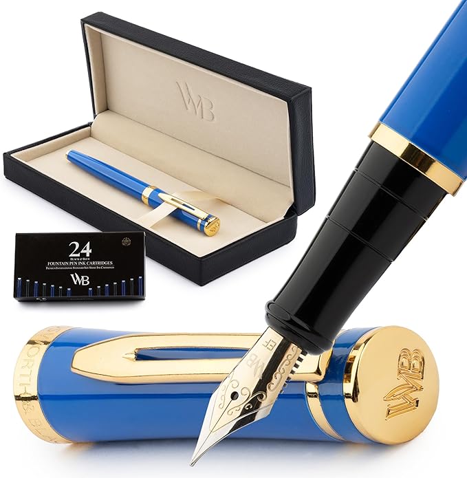 Wordsworth & Black Fountain Pen Set, 18K Gilded Extra Fine Nib, Includes 24 Pack Ink Cartridges, Ink Refill Converter & Gift Box, Gold Finish, Calligraphy, [Imperial Blue], Perfect for Men & Women