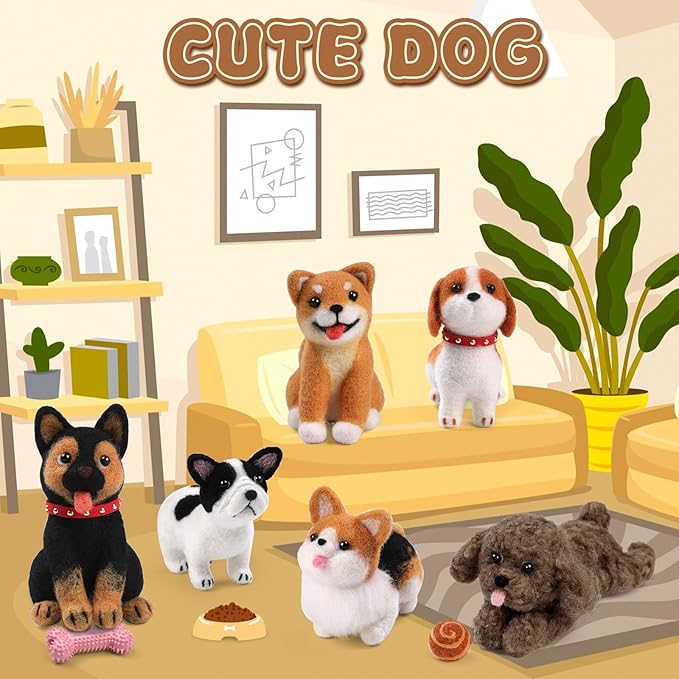 Mayboos 6 Pcs Needle Felting Kit, Animal Needle Felting Beginner Kits Wool Felt Needle Felting Tools with Instruction for DIY Craft Animal Home Decoration (Cute Dog)