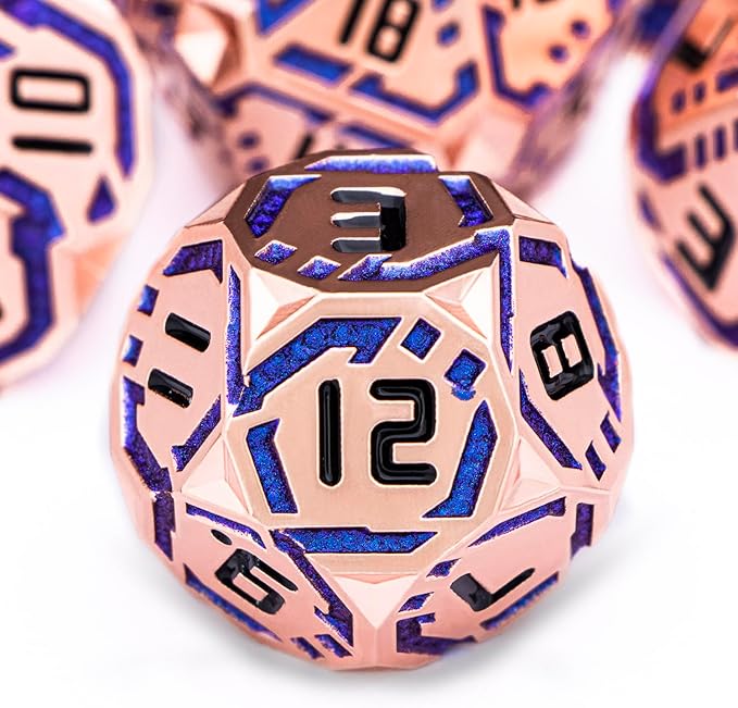 Metal DND Sci-fi Dice Set 7PCS Stripe Polyhedral Dice for Dungeons Dragons RPG Role Playing Game, Glitter D and D Dice with Gift Box D6 D8 D10 D12 D20 (Copper Blue)