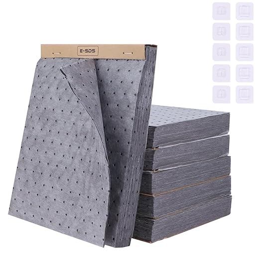 E-SDS Oil Absorbent Pads with Wall Hooks - 100-Pack (5x20) 13"x10" Reusable Liquid Spill Mats for Garage & Workshop - Super Absorbent Leak Control Pads (Grey, Boxed)