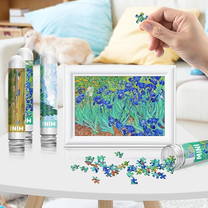 150 Pieces Mini Jigsaw Puzzles for Adults & Kids, 6" x 4" Small Jigsaw Puzzles Capsule Tube Jigsaw Puzzles Intelligent Game, Wheat Field with Cypresses Irises The Harvest (Wheatfields) 3 Pack
