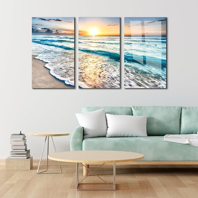 SpiritualHands Sea beach ocean white sand Tempered Glass Wall Art Painting for Living Room, Tempered Glass Modern Prints Decor, Large Vivid Color Panel for Bedroom, Kitchen, or Office