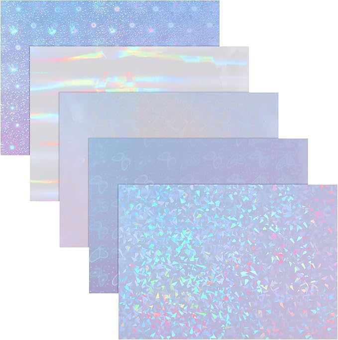 KEILEOHO 50 Sheets A4 Holographic Paper Sticker, 10 Patterns Styles Clear Waterproof Self Adhesive Film, 11.7 x 8.3 Inches Holographic Cardstock