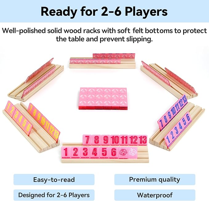 Rummy Cube 6 Player Edition with 6 Wooden Racks 160 Acrylic Tiles (1.5'') Rummy Game with Bag 6 Player Travel Size Rummy Game Large Number Rummy Tiles Game Set for Family Classic Board Games (Pink)