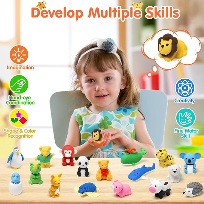 34 Pack Animal Pencil Erasers for Kids, 3D Mini Puzzle Take Apart Erasers, Desk Pets & Treasure Box Toys, Bulk Party Favors, Classroom Prizes, School Supplies, Gift for Boys & Girls