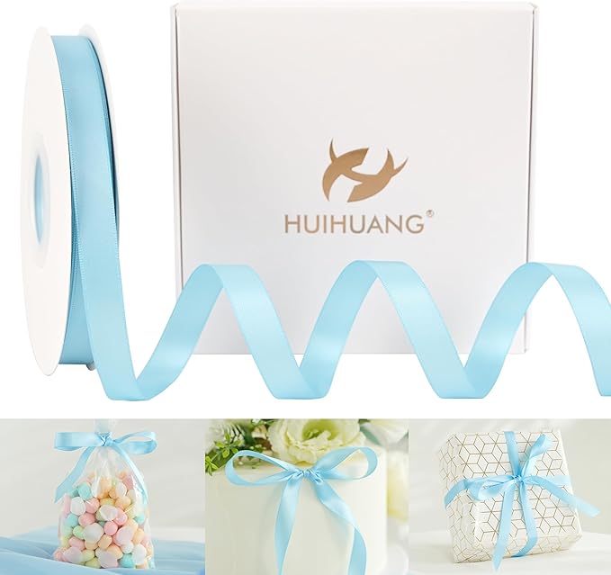 HUIHUANG Blue Satin Ribbon 1/2 inch X 50 Yards Continuous, Baby Blue Double-Faced Satin Ribbon for Gift Wrapping, Bows, DIY Crafts, Flower Bouquet, Baby Shower Wedding Decor