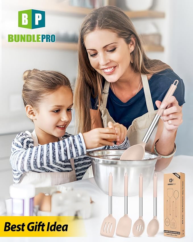 Pack of 4 Silicone Cooking Utensils Set, Non Stick Large Solid Spatulas, Heat Resistant Stainless Steel Khaki Slotted Spoons, Ideal BPA Free Kitchen Turners for Frying, Mixing,Serving,Draining,Turning