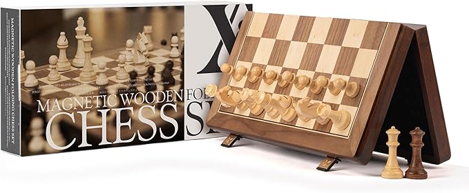 A&A 15" Magnetic Wooden Chess Set, Handmade 3" King Height Knight Staunton Chess Pieces with 2 Extra Queen, Folding Portable Travel Game Set