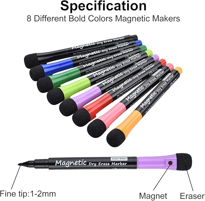 Browill Magnetic Dry Erase Markers, Fine Tip Low Odor Whiteboard Markers for Kids & School, Work On White board & Calendar, Refrigerator (12 Pack)
